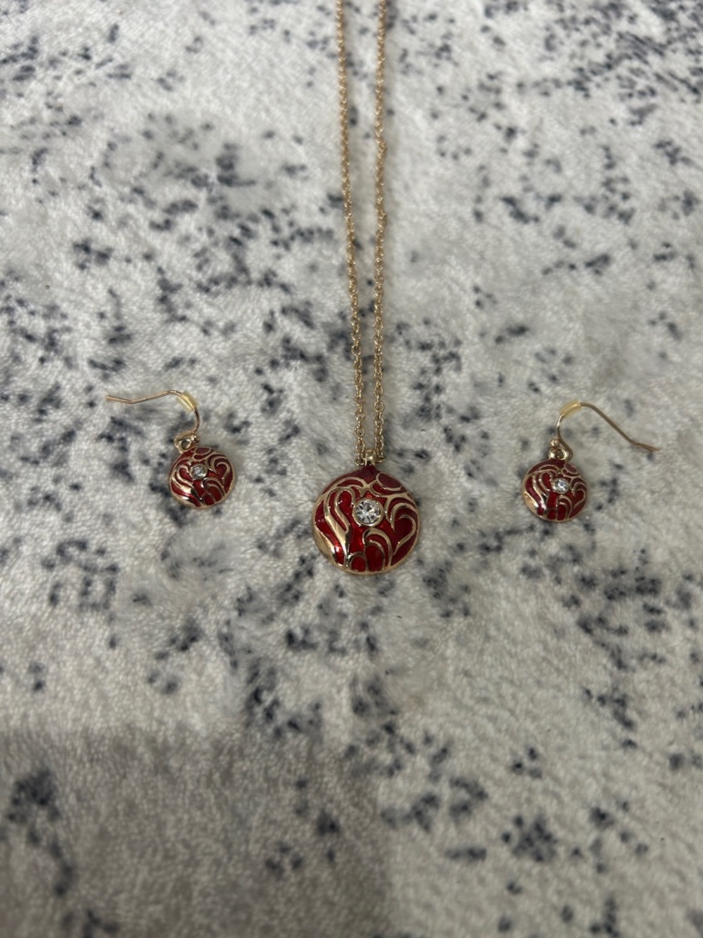 Gold-Tone Red Enamel Pendant Necklace and Earrings Set